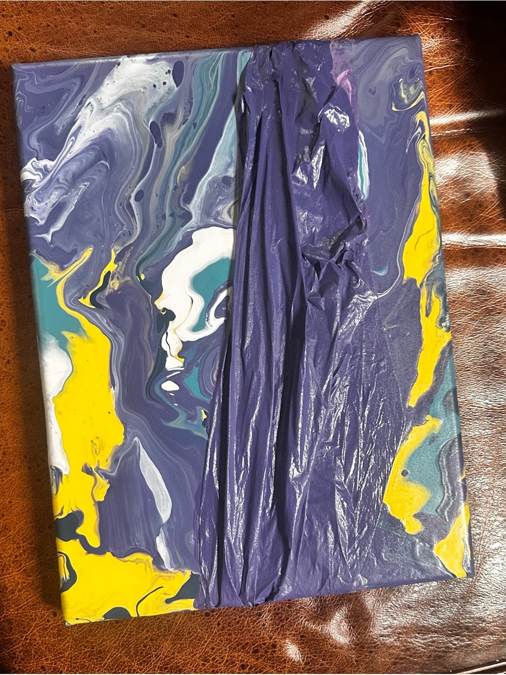 Hand crafted Abstract Pour Painting Canvas in Purple, Yellow, Teal, White